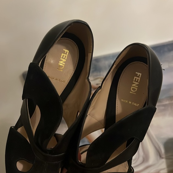 Fendi black suede & leather wood platform heels 38.5 - Picture 6 of 6